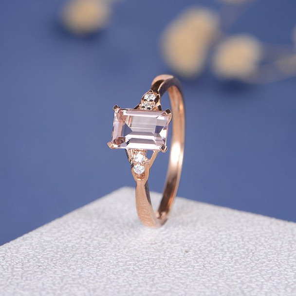 5*7mm Emerald Cut  Morganite Diamond Micro Pave  Engagement Ring