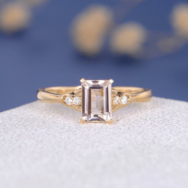 5*7mm Emerald Cut  Morganite Diamond Micro Pave  Engagement Ring