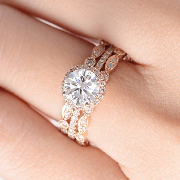 6.5mm Round Cut Moissanite  Art Deco Wedding Band  Engagement Ring Set