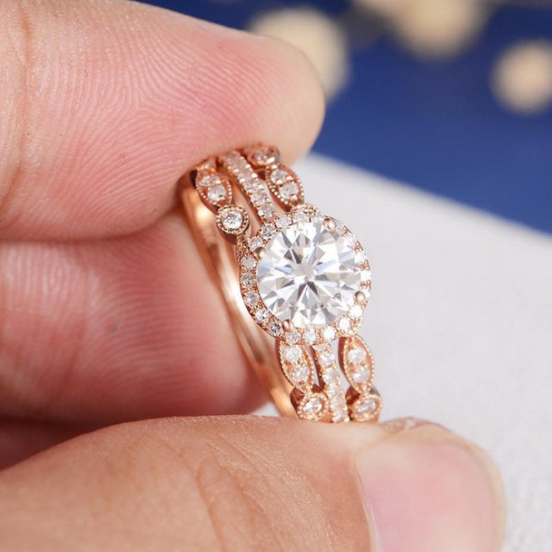 6.5mm Round Cut Moissanite  Art Deco Wedding Band  Engagement Ring Set