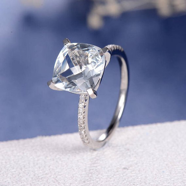 9mm Cushion Cut  Aquamarine Pave Diamond Eternity  Engagement Ring