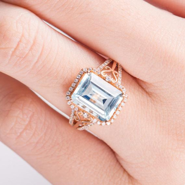 8*10mm Emerald Cut  Aquamarine Flower Diamond Retro Engagement Ring