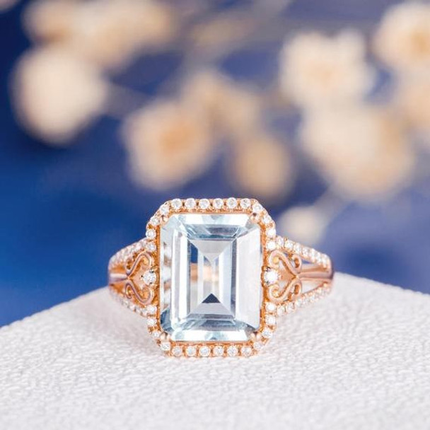 8*10mm Emerald Cut  Aquamarine Flower Diamond Retro Engagement Ring