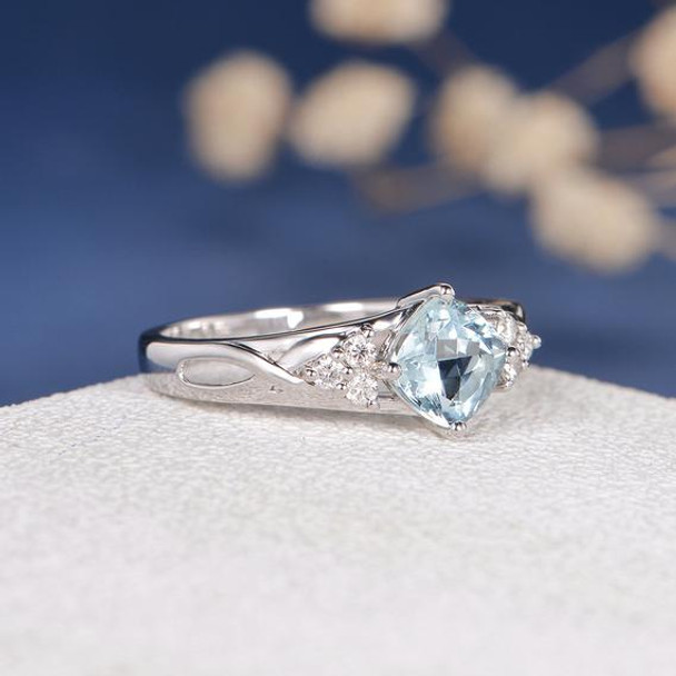 6mm Cushion Cut  Aquamarine Cluster Diamond Infinity Vine  Engagement Ring