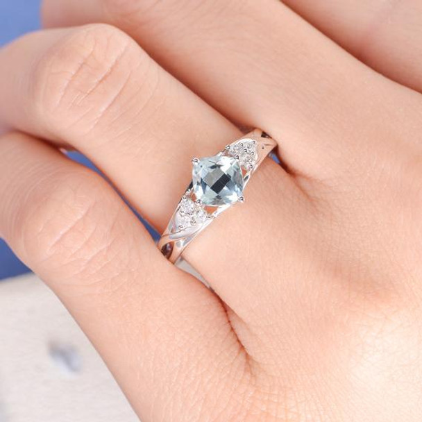 6mm Cushion Cut  Aquamarine Cluster Diamond Infinity Vine  Engagement Ring