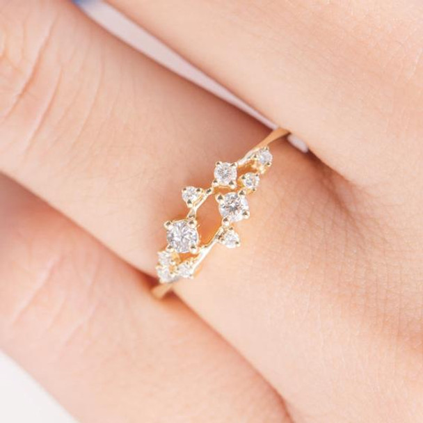 Yellow Gold Cluster Ring Twig Floral Unique Snowflake Wedding Band