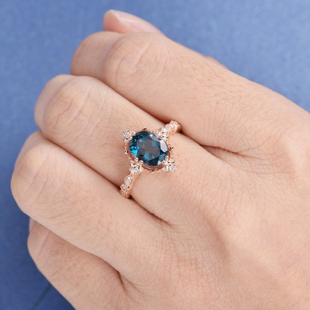 7*9mm Oval Cut Antique London Blue Topaz Engagement Ring 