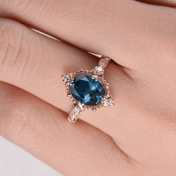 7*9mm Oval Cut Antique London Blue Topaz Engagement Ring 