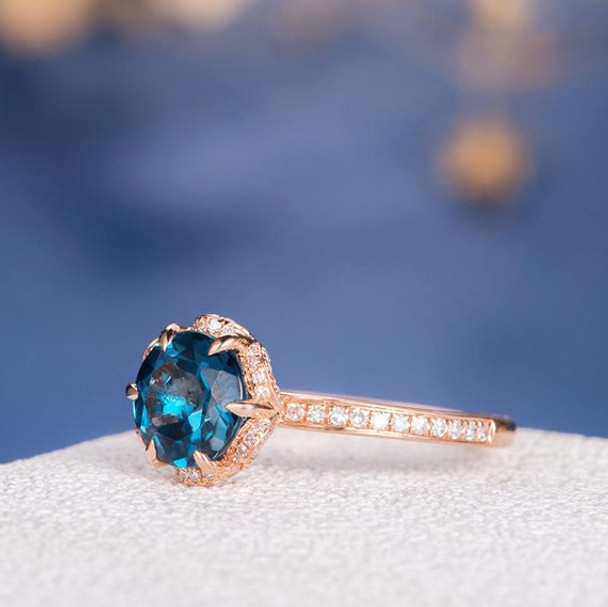 7mm Round Cut Unique London Blue Topaz Halo Flower Engagement Ring 