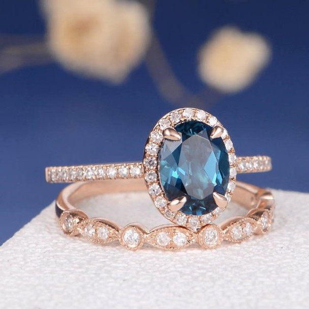 6*8mm Oval Cut London Blue Topaz Unique Engagement Ring Set