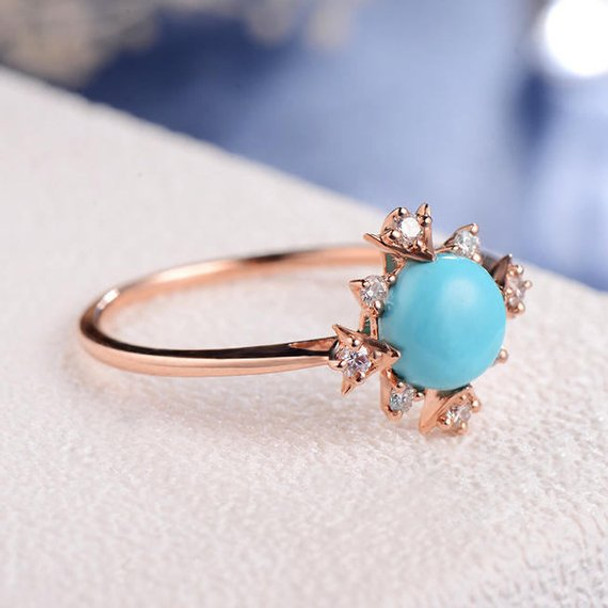 Turquoise Ring Diamond Halo Thin Delicate Star  Engagement Ring