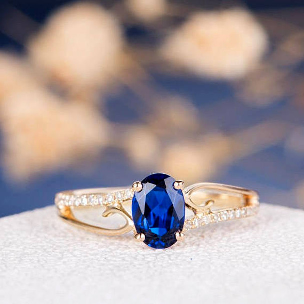 5*7mm Oval Lab Sapphire Unique Curved Engagement Ring 