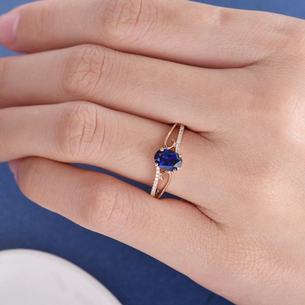 White Gold  5*7mm Oval Lab Sapphire Unique Curved Engagement Ring 