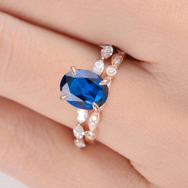 7*9mm Oval Lab Sapphire Art Deco Stackable  Engagement Ring Set