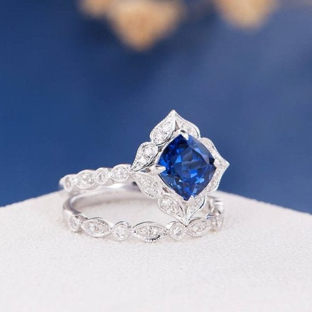 7mm Cushion Cut Lab Sapphire Art Deco  Bridal Set