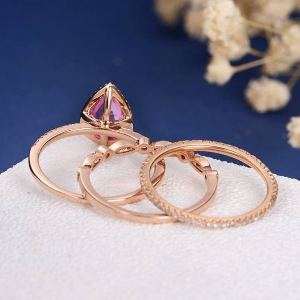 6*8mm Pear Natural Pink Sapphire Dainty Engagement Ring Set