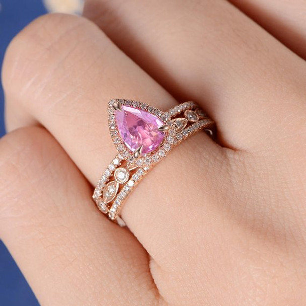 6*8mm Pear Natural Pink Sapphire Dainty Engagement Ring Set