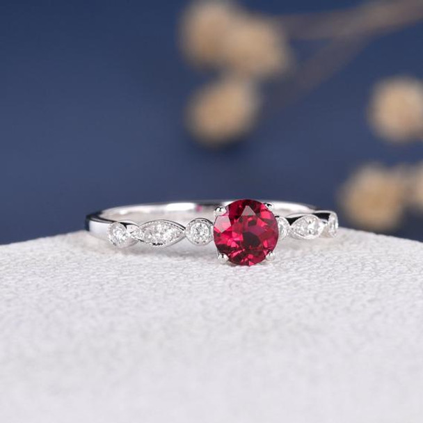 5mm Round Cut Lab Ruby Solitaire Retro Engagement Ring