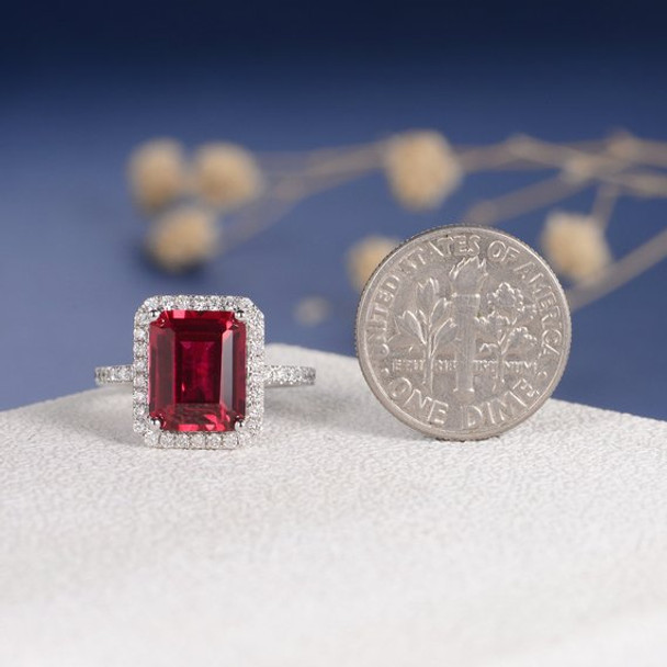 8*10mm Emerald Cut Lab Ruby Diamond Halo Engagement Ring