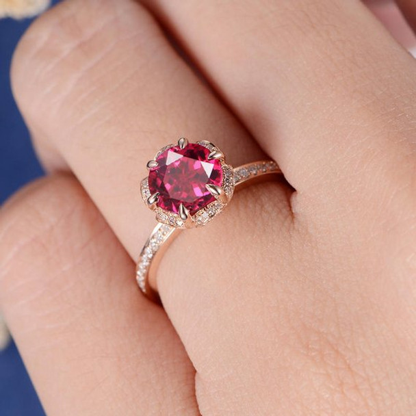 7mm Lab Ruby Antique Flower Diamond Halo Engagement Ring