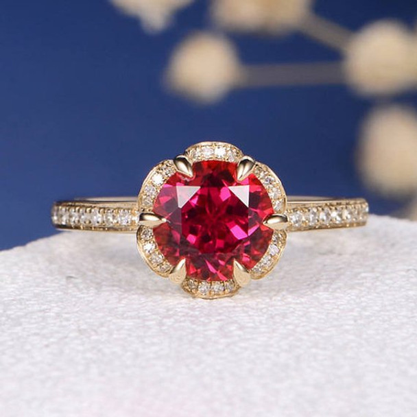 7mm Lab Ruby Antique Flower Diamond Halo Engagement Ring