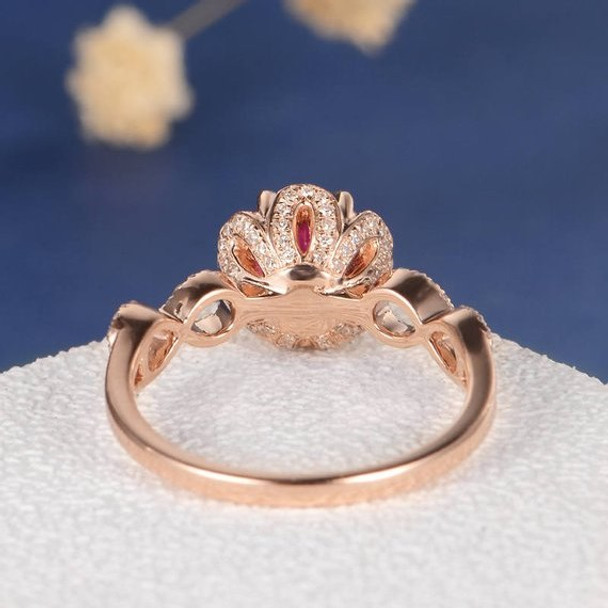 7mm Round Cut Lab Ruby Flower Art Deco Engagement Ring