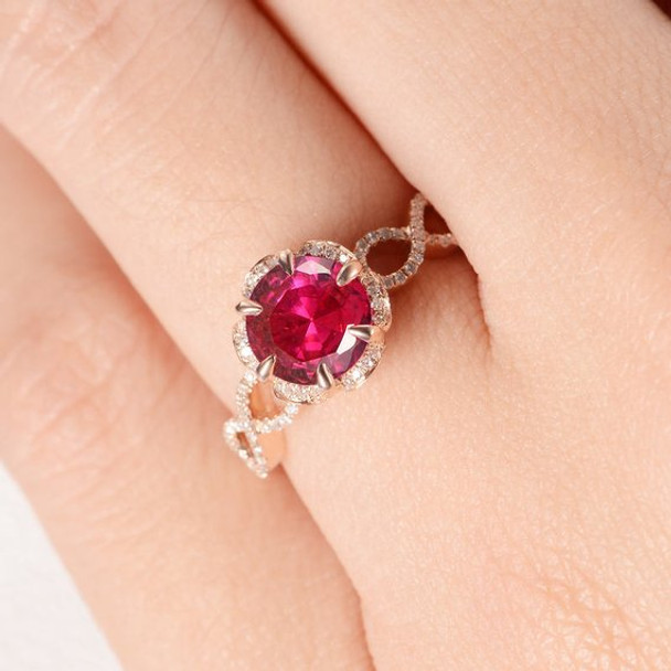 7mm Round Cut Lab Ruby Flower Art Deco Engagement Ring