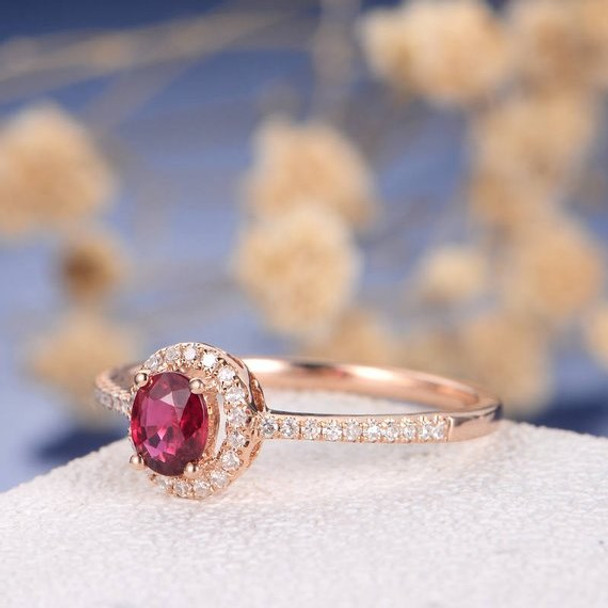 Oval Cut Natural Ruby Half Eternity Solitaire Halo Diamond Wedding Ring