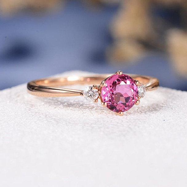 5mm Pink Tourmaline Three Stone Rubellite Wedding Ring