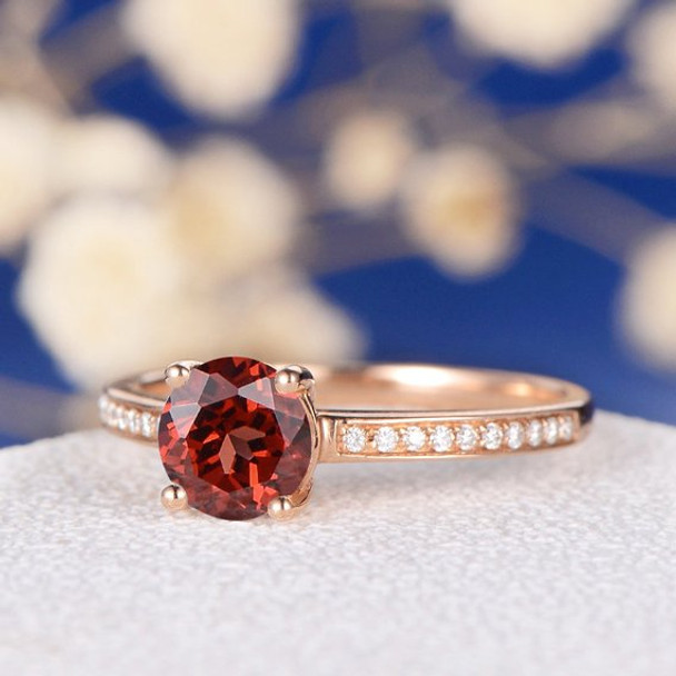 Retro Unique Minimalist Red Stone Garnet Engagement Ring 