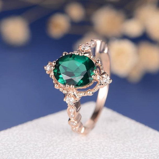 Oval Cut Lab Emerald Unique Art Deco Eternity Engagement Ring 