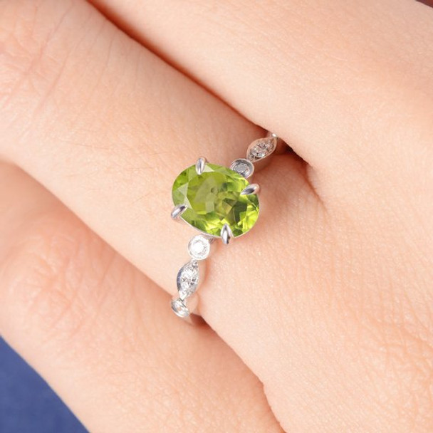 Art Deco Oval Cut Peridot  Eternity Diamond Engagement Ring