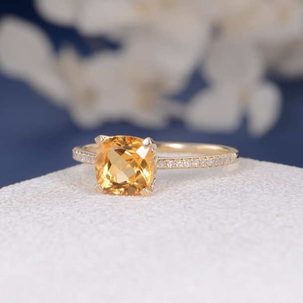Cushion Citrine Solitaire Diamond Half Eternity Multistone  Wedding Ring