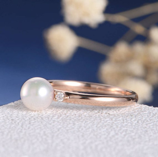 Pearl Three Stone Ring Diamond Minimalist Engagement Ring 