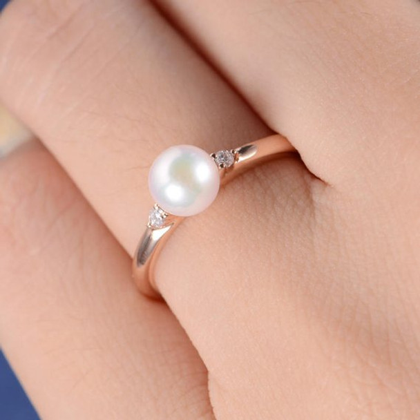 Pearl Three Stone Ring Diamond Minimalist Engagement Ring 