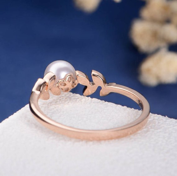 Pearl Rose Gold Engagement Ring Flower Unique Diamond Leave Vine