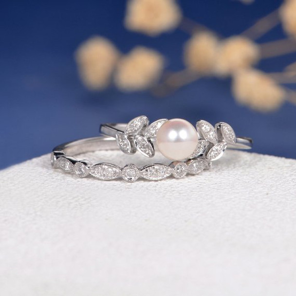  Pearl White Gold Diamond Leave Unique Vine  Engagement Ring Set 