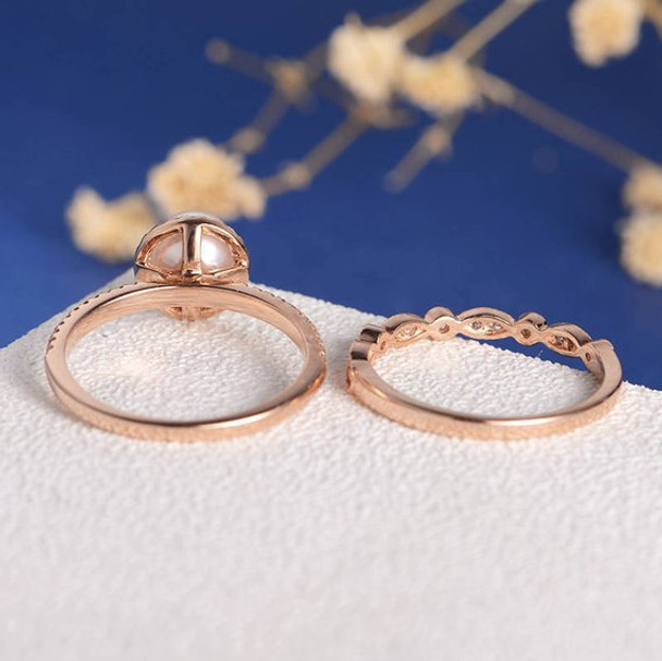 Akoya Pearl Engagement Ring Set Rose Gold Art Deco Wedding Band