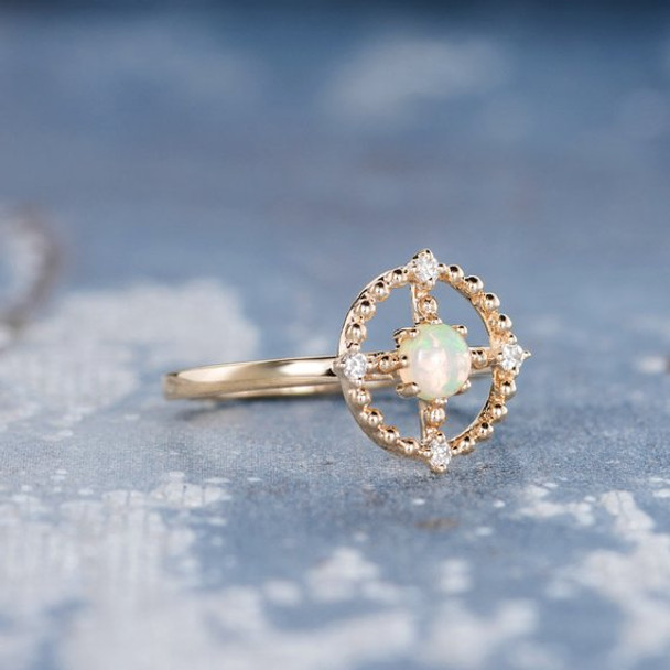 Natural Cabochon Opal Universe Sun Beaded Halo Engagement Ring