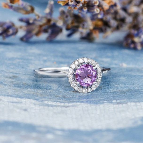 Diamond Halo Solitaire Purple  Amethyst Engagement Ring