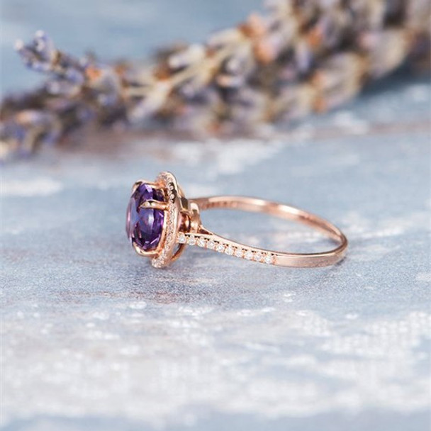 Rose Gold Engagement Ring Diamond Cathedral Setting Amethyst Ring 