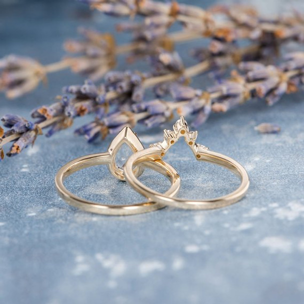 Pear Shaped White Topaz  Unique Bridal Ring Set 