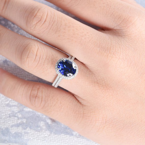 7*9mm Oval Lab Sapphire Diamond  Halo Claw Prongs Bridal Set