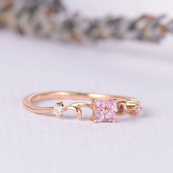 Pink Sapphire Flower Lucky Clover Vine Curved Half Eternity Engagement Ring