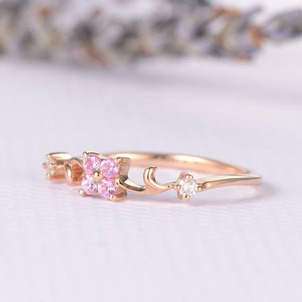 Pink Sapphire Flower Lucky Clover Vine Curved Half Eternity Engagement Ring