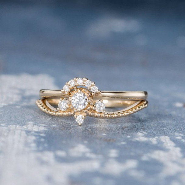 Unique Moissanite Curved Wedding Band Engagement Ring Set