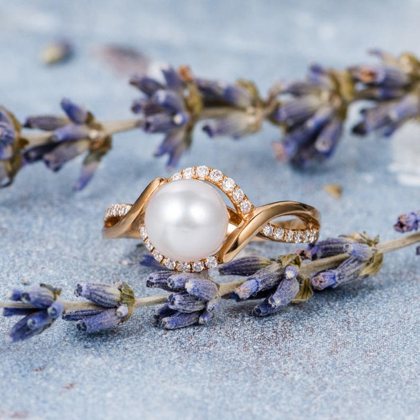Unique Akoya Pearl Engagement Ring 7mm Natural Seawater Pearl Ring 