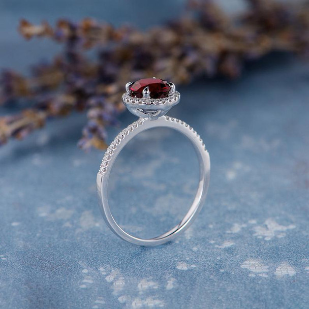 7mm Round Cut Lab Ruby Halo Thin BandEngagement Ring