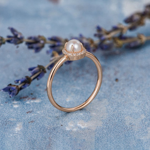 Akoya Pearl Engagement Ring Diamond Halo Plain Band