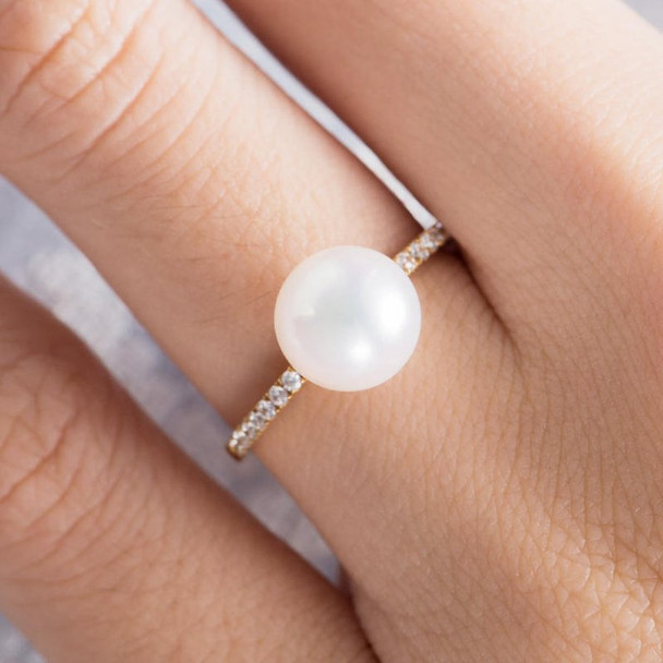 Akoya Pearl Engagement Ring  Diamond Half Eternity Wedding Ring